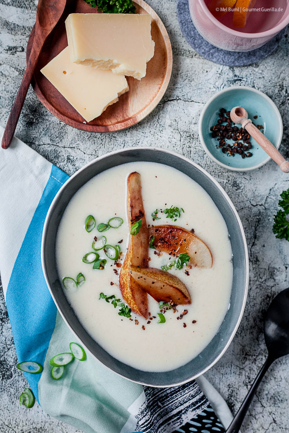  Fast cheese soup with mountain cheese, roasted pears and Szechuan pepper under 500 calories | GourmetGuerilla.com 